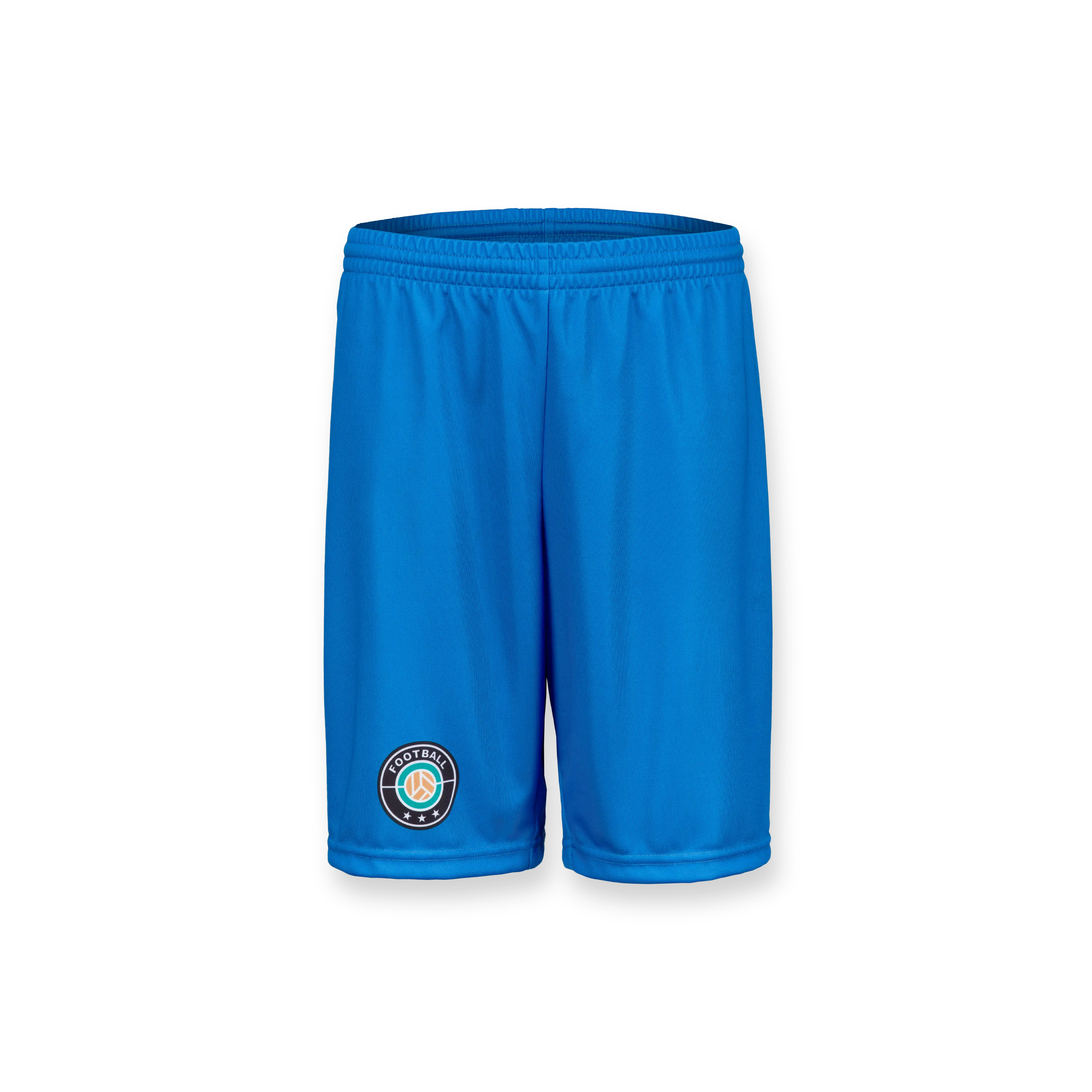 Shorts de sport bleus avec une taille élastique et un logo rond sur le côté gauche.