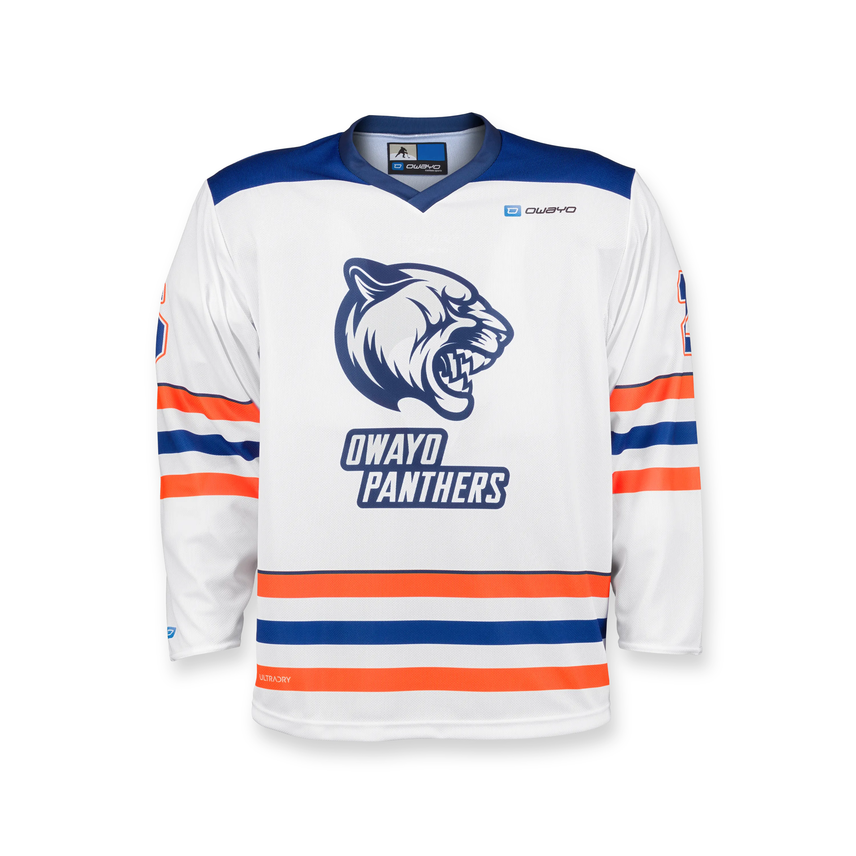 Un maillot de hockey blanc avec des rayures bleues et orange, arborant l'impression 'PANthers' et un logo de tête de panthère sur le devant.