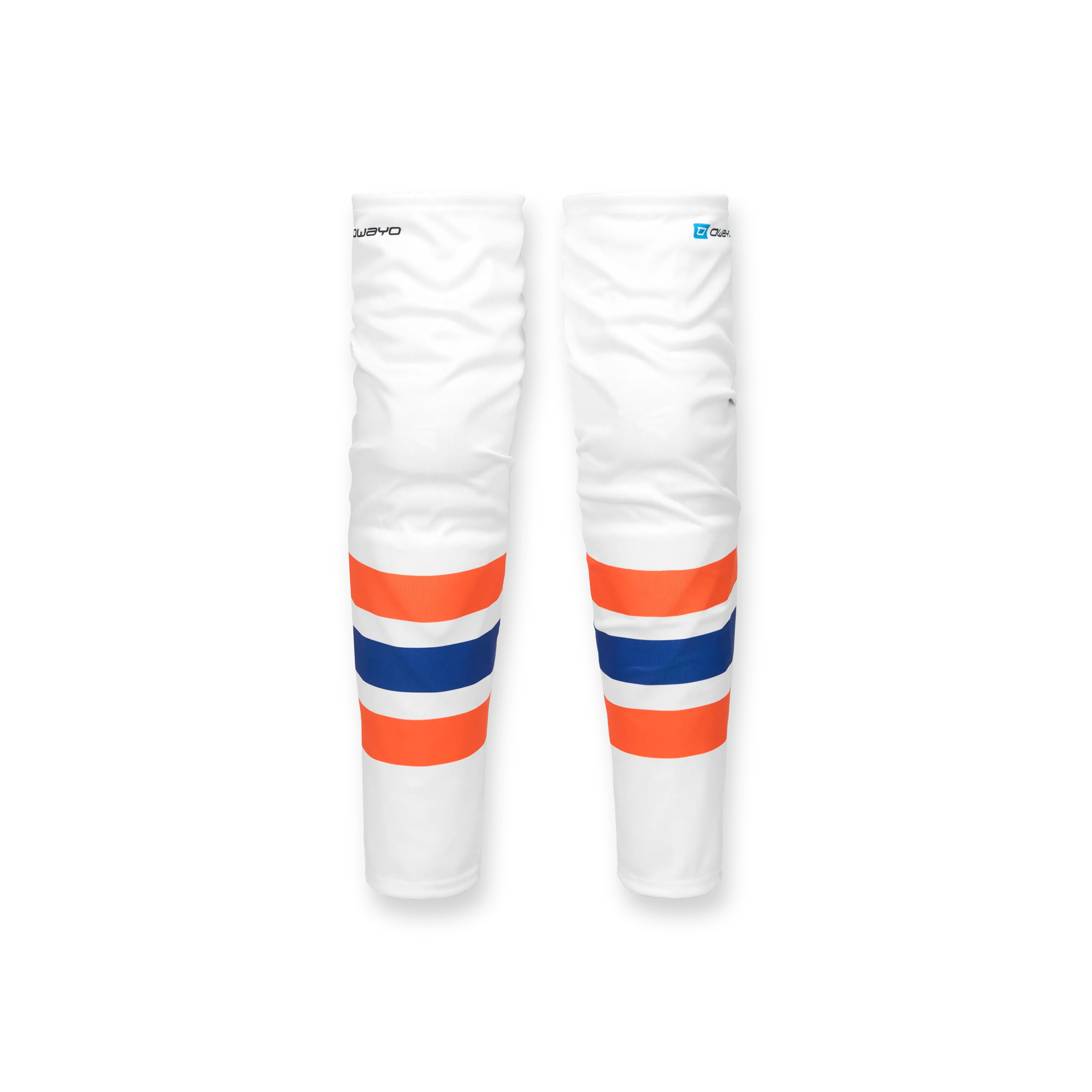Jambières de sport blanches avec des rayures orange et bleues.