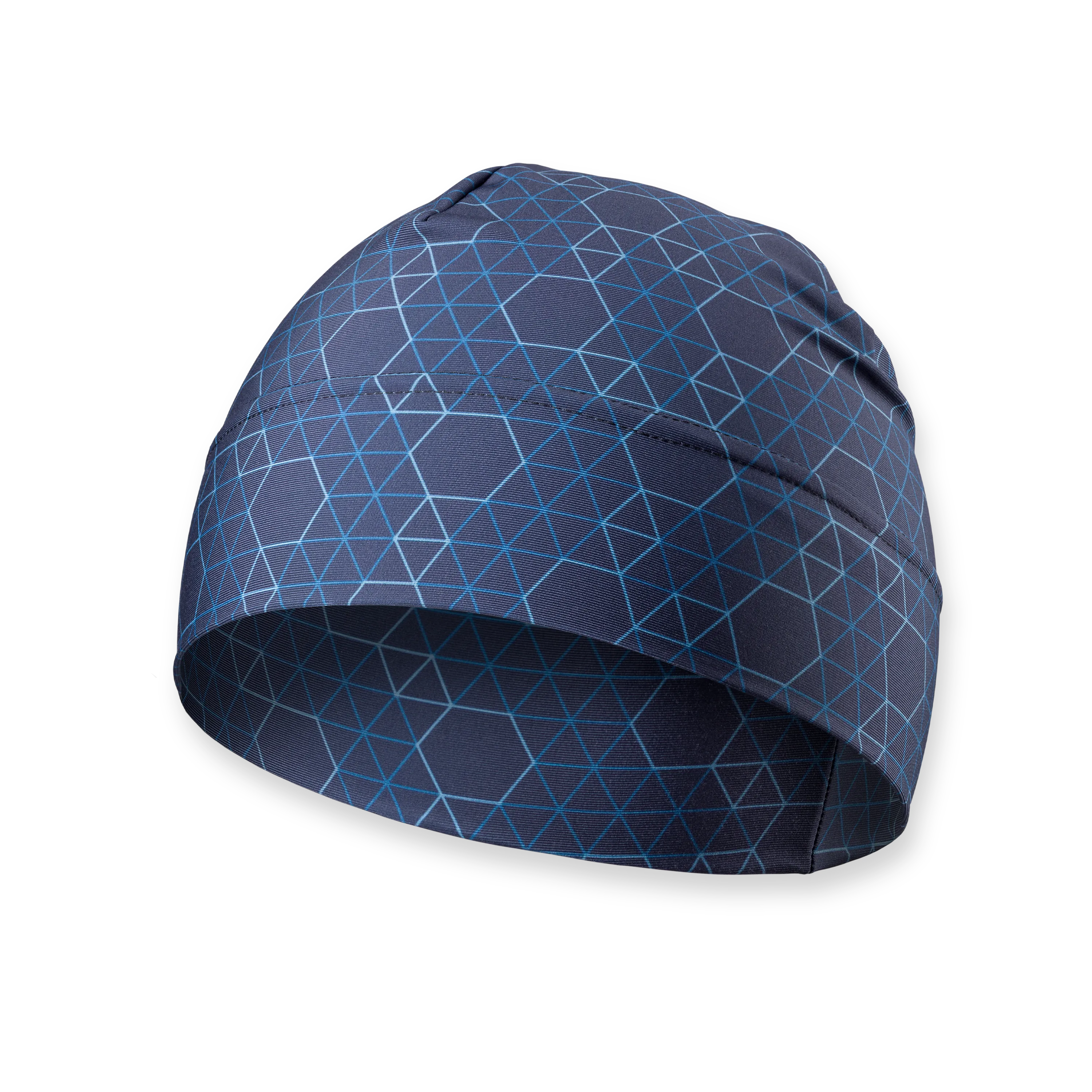 Un bonnet bleu foncé avec un motif géométrique de lignes bleu clair et de formes hexagonales.