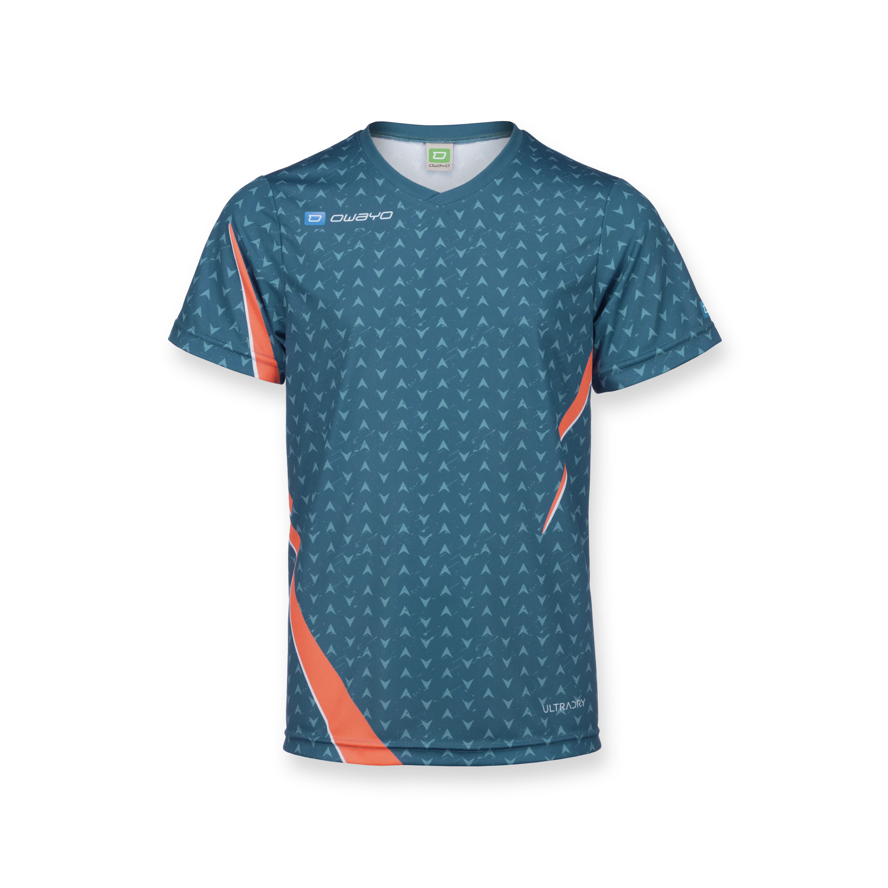 Un maillot d'enfant sportif en bleu avec un motif géométrique et des accents orange.