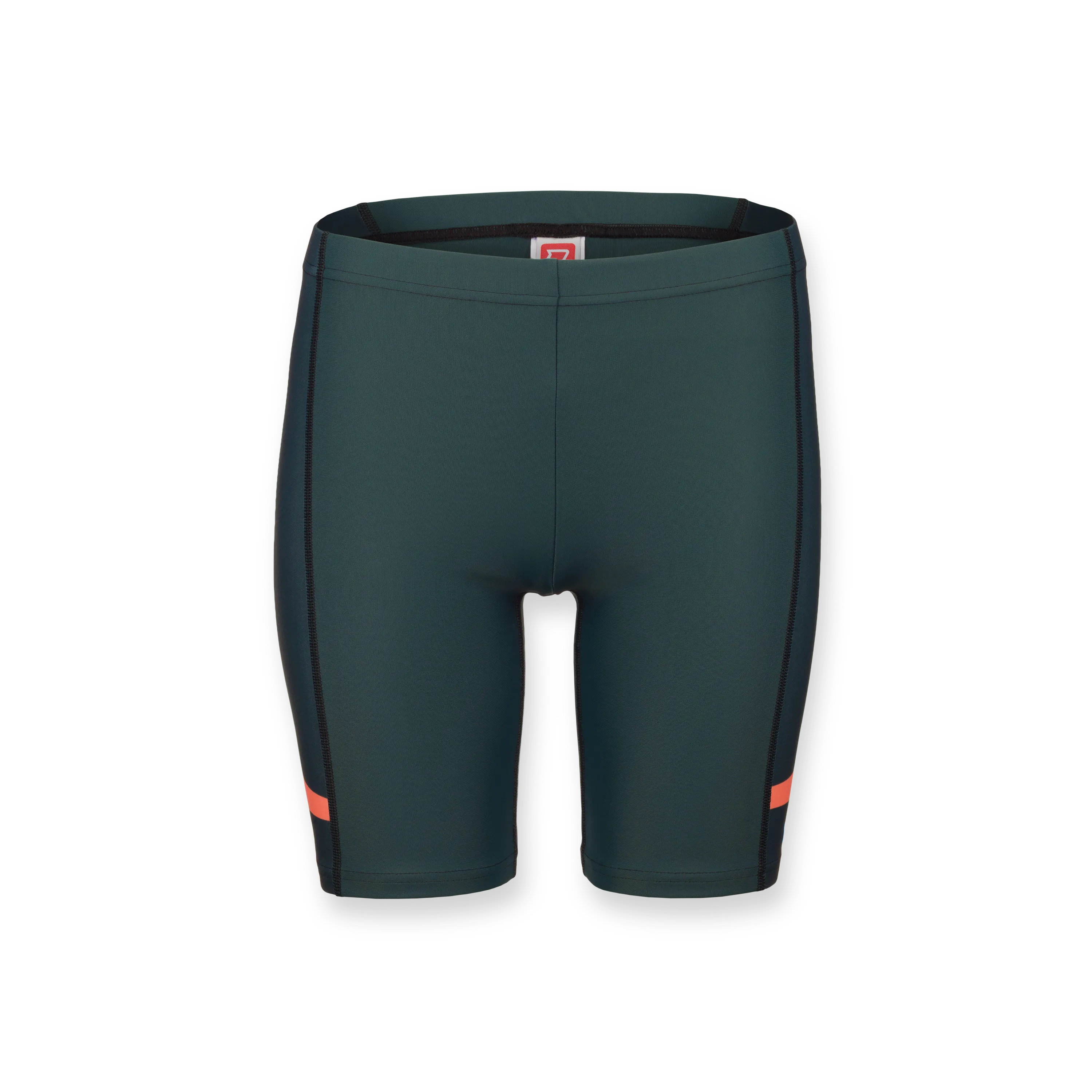 Shorts de sport vert foncé avec des panneaux latéraux noirs et une bande orange.