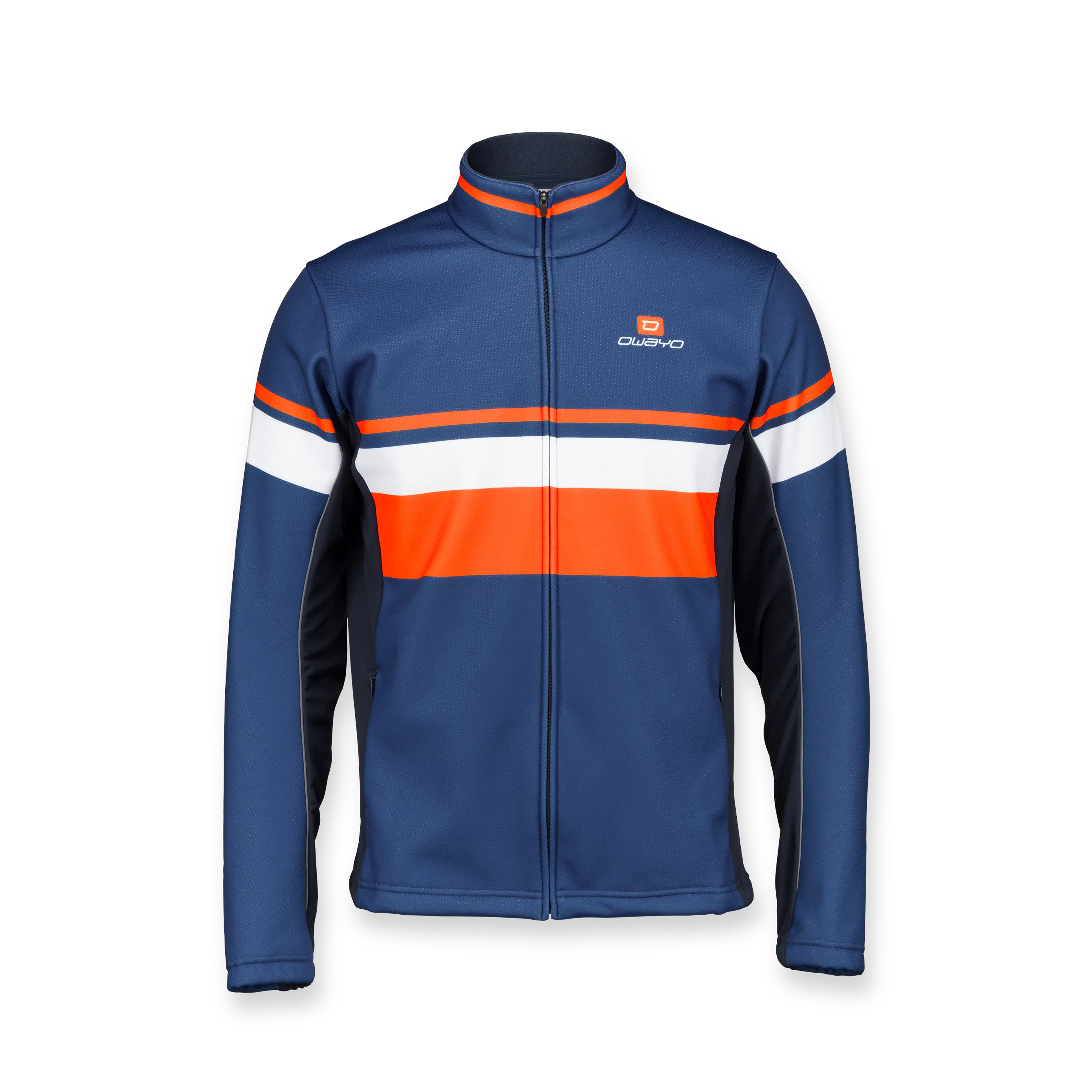 Une veste sportive bleue avec des rayures orange et blanches à l'avant.