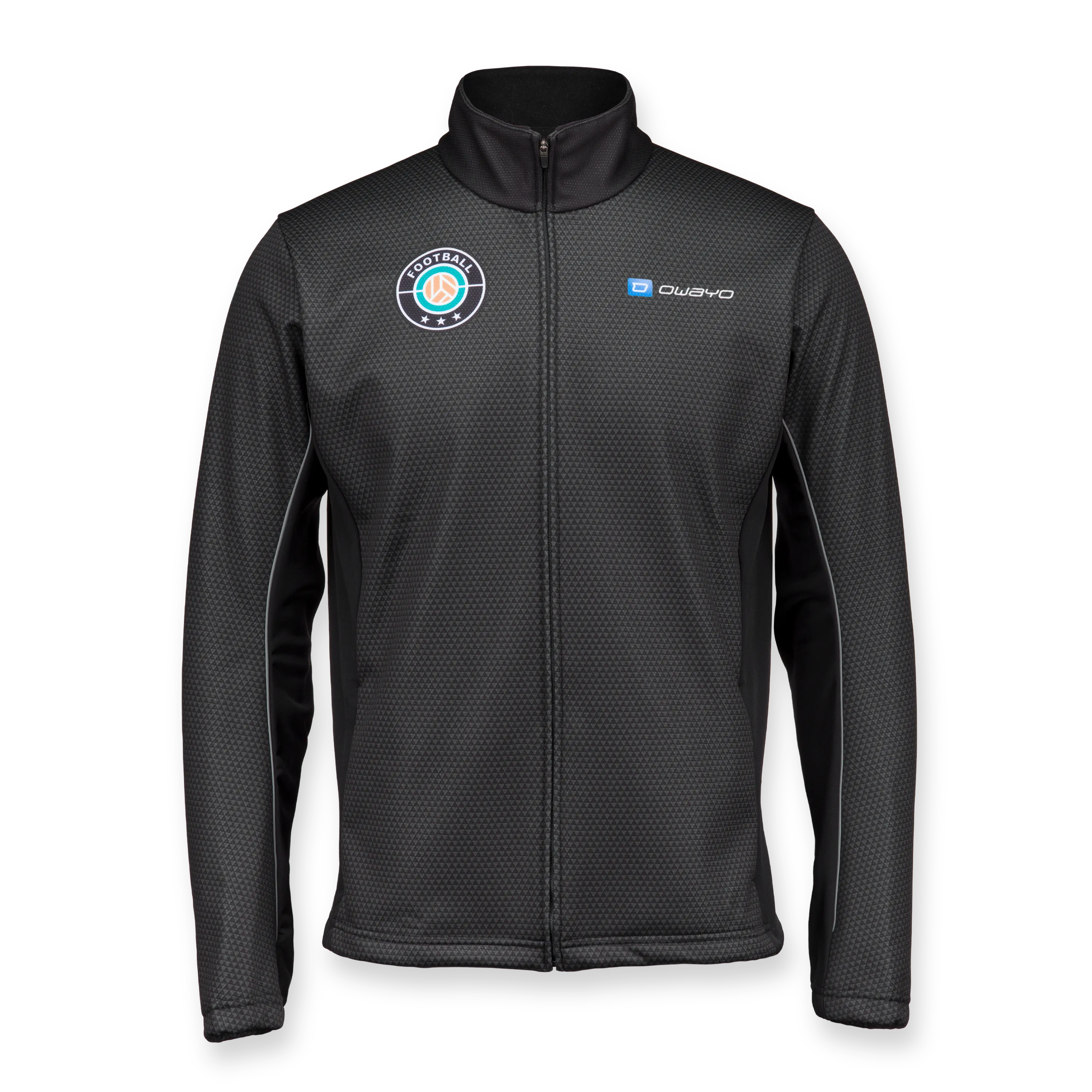Une veste de sport noire avec une fermeture éclair, un col montant et un motif texturé, idéale pour l'entraînement au football.