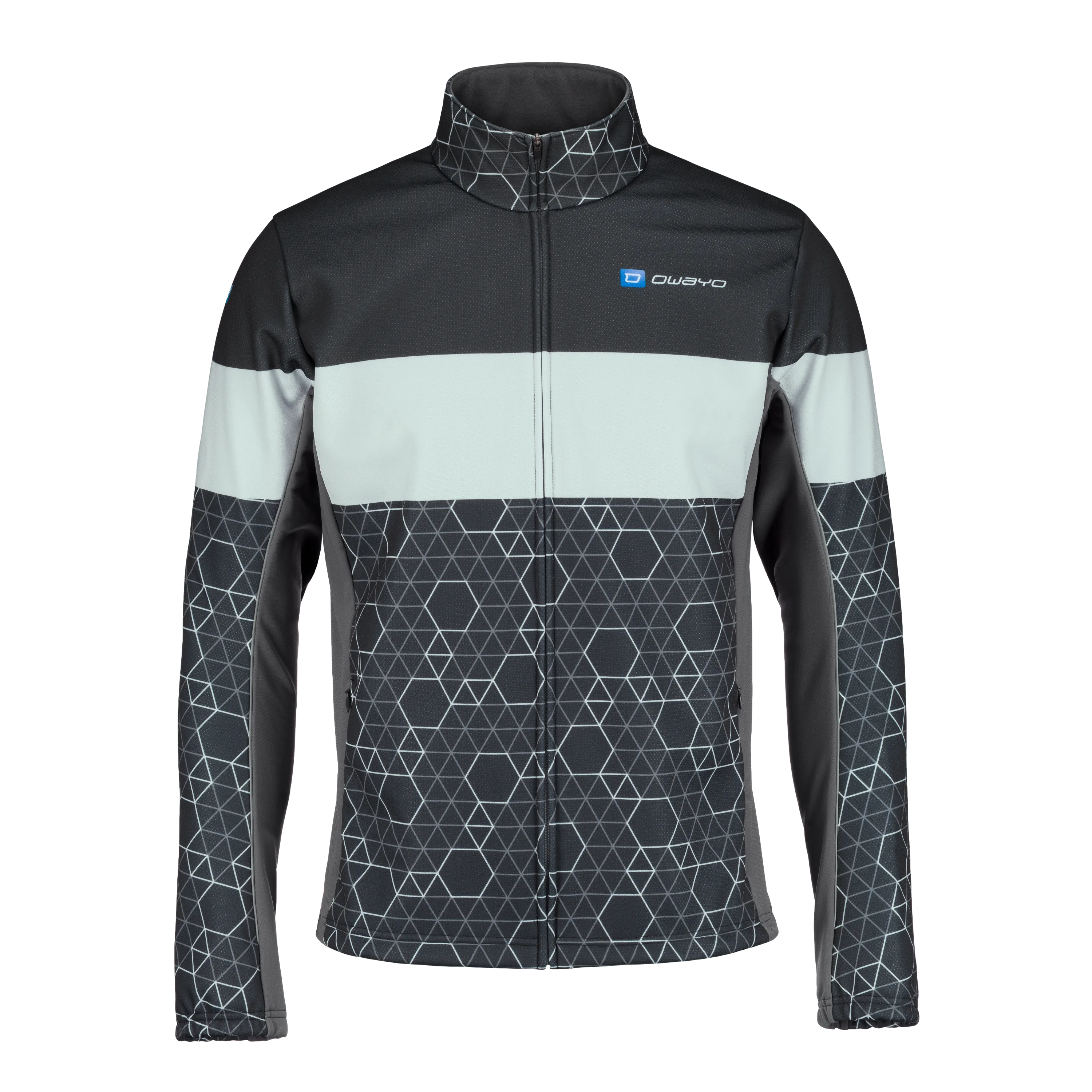 Une veste sportive noire et grise avec un motif géométrique et un col haut.