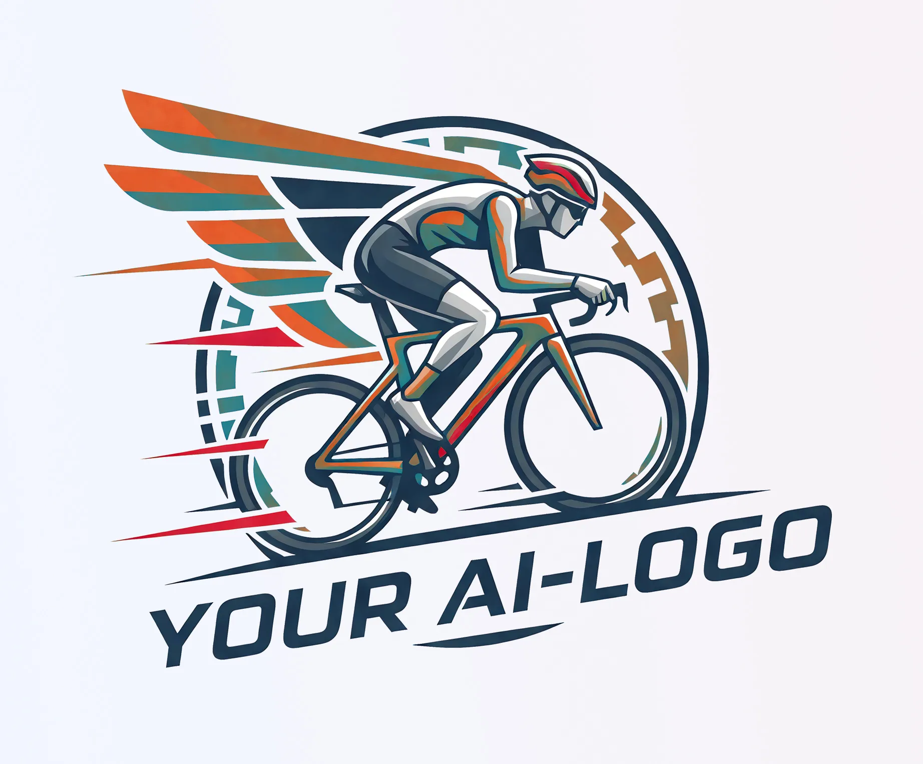 Un cycliste stylisé en position aérodynamique sur un vélo de course, entouré d'ailes colorées et de lignes de vitesse, avec le texte 'YOUR AI-LOGO' en dessous.