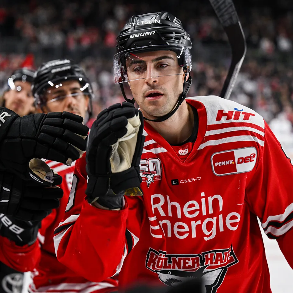 Un joueur de hockey en maillot rouge avec des rayures blanches et des logos, debout sur la glace et levant ses gants.