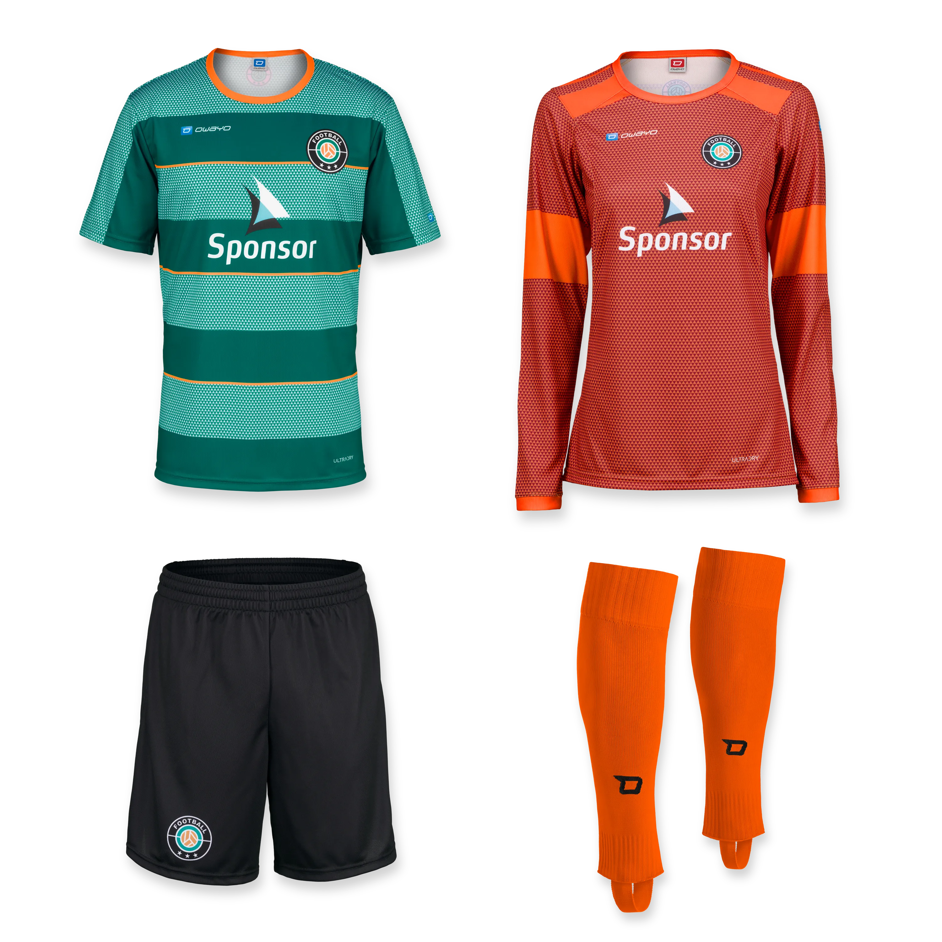 Tous les produits Un ensemble de deux maillots de football, un short noir et une paire de chaussettes orange, le tout dans différentes combinaisons de couleurs.