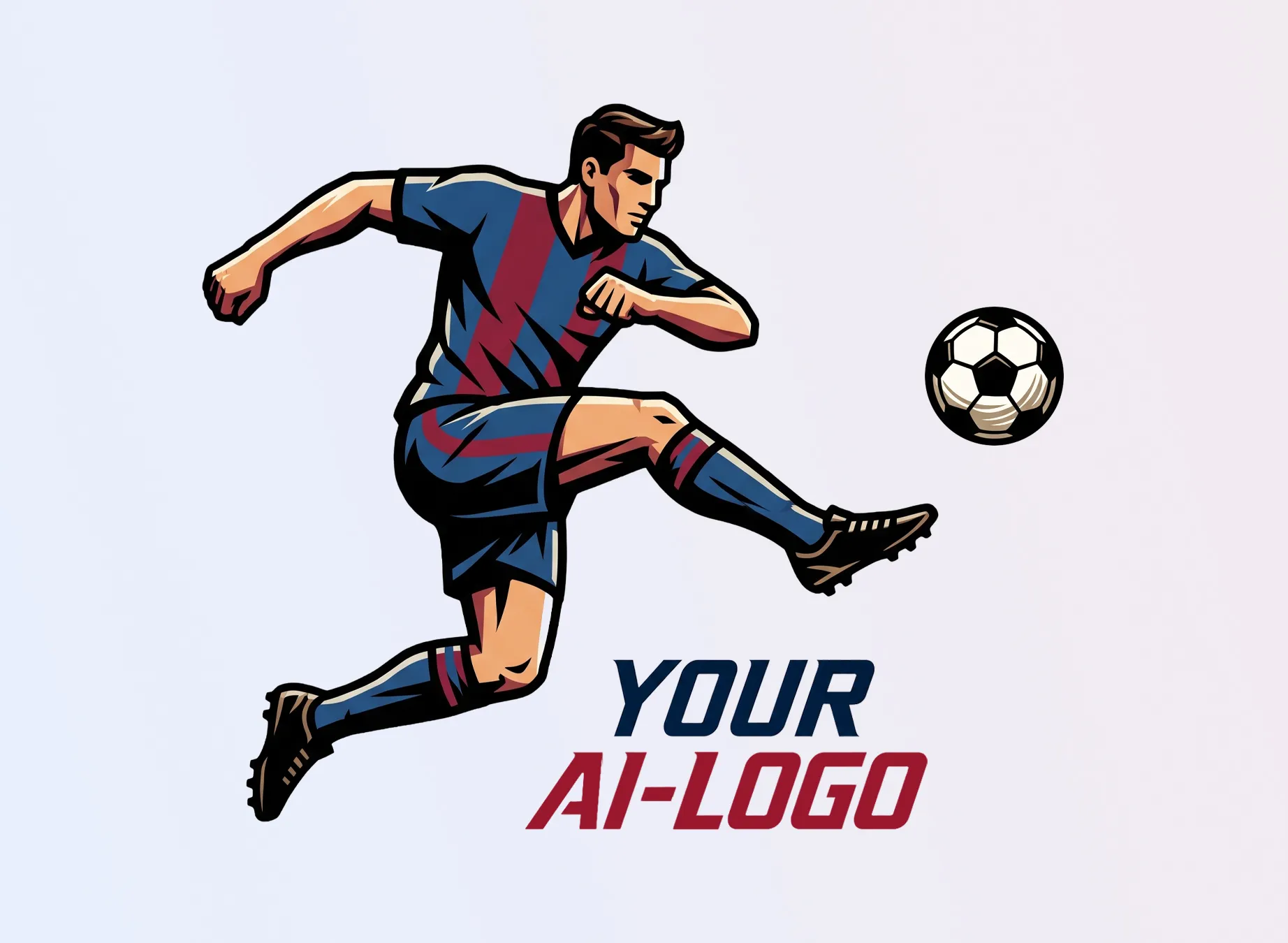 Un joueur de football stylisé en maillots bleu et rouge, frappant un ballon de football du pied droit.