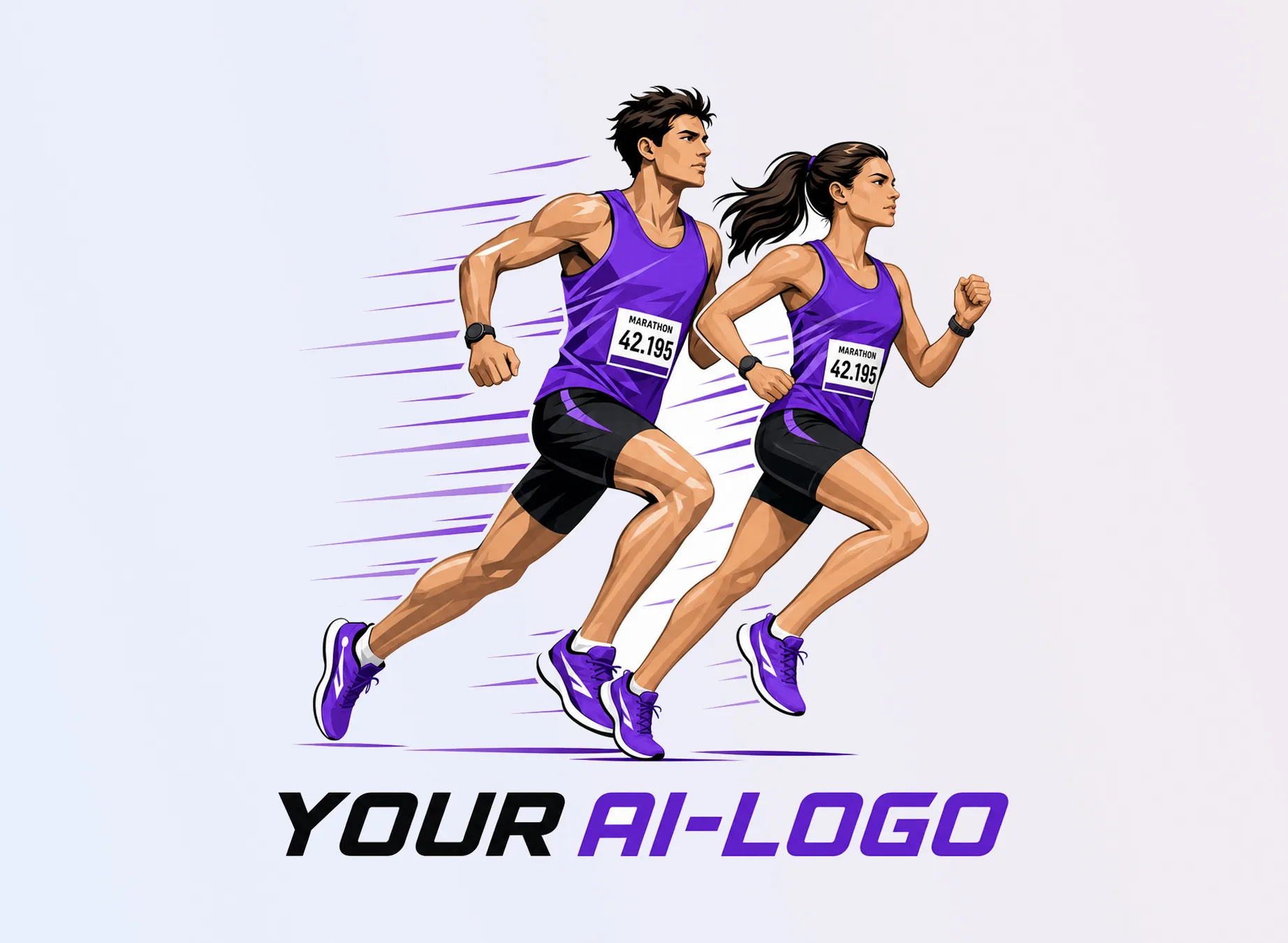 Deux coureurs stylisés en maillots violets courant de manière dynamique, avec un numéro de course affiché sur leur poitrine.