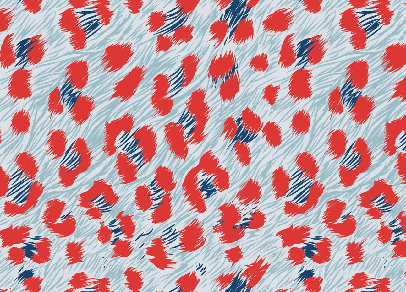Un motif abstrait avec des taches rouges et bleues sur un fond bleu clair avec une texture de rayures.