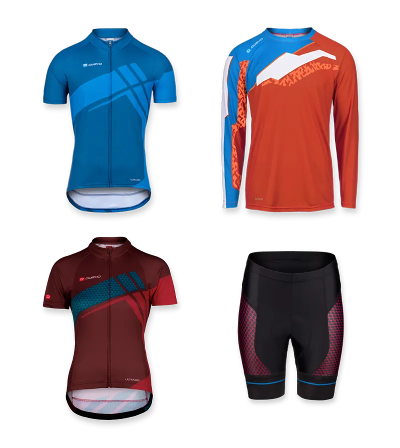 Aperçu de quatre maillots de cyclisme et d'un short de cyclisme owayo, comprenant un maillot bleu à manches courtes, un maillot orange à manches longues, un maillot rouge foncé à manches courtes et un short de cyclisme noir avec des accents rouges et bleus.