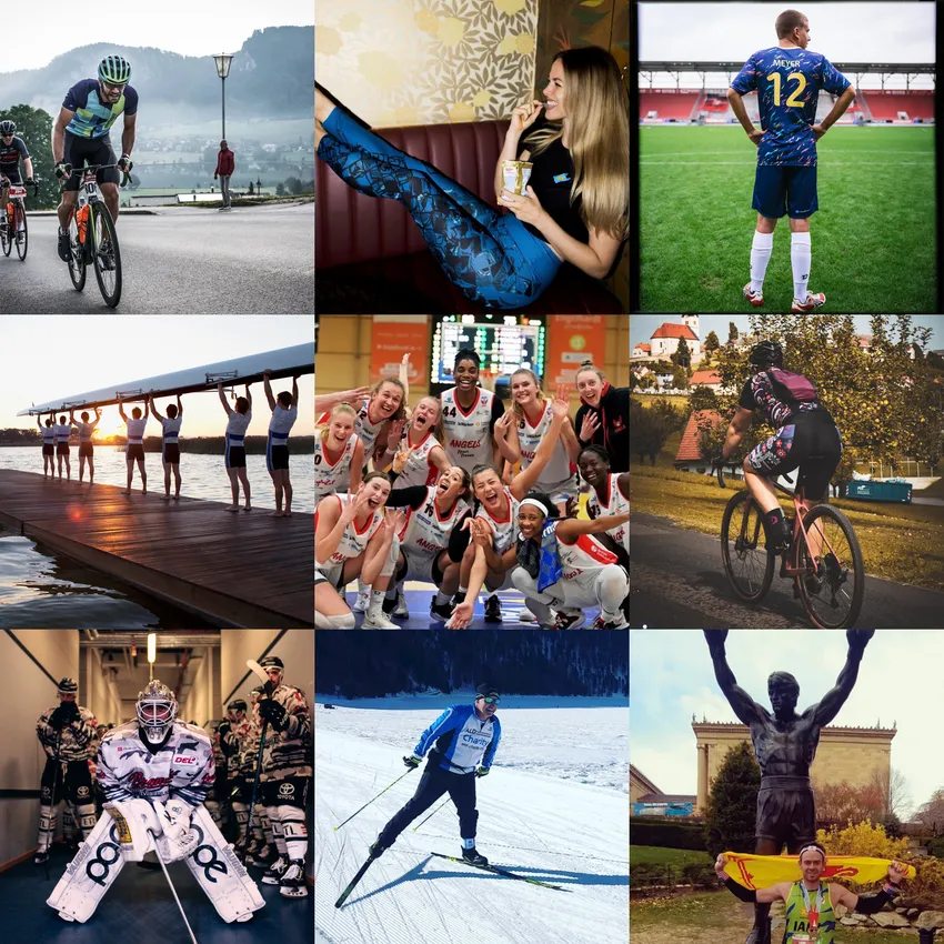 Une collage d'athlètes participant à différentes activités, y compris le cyclisme, le basket-ball, l'aviron et les sports d'hiver, tous vêtus de vêtements de sport.