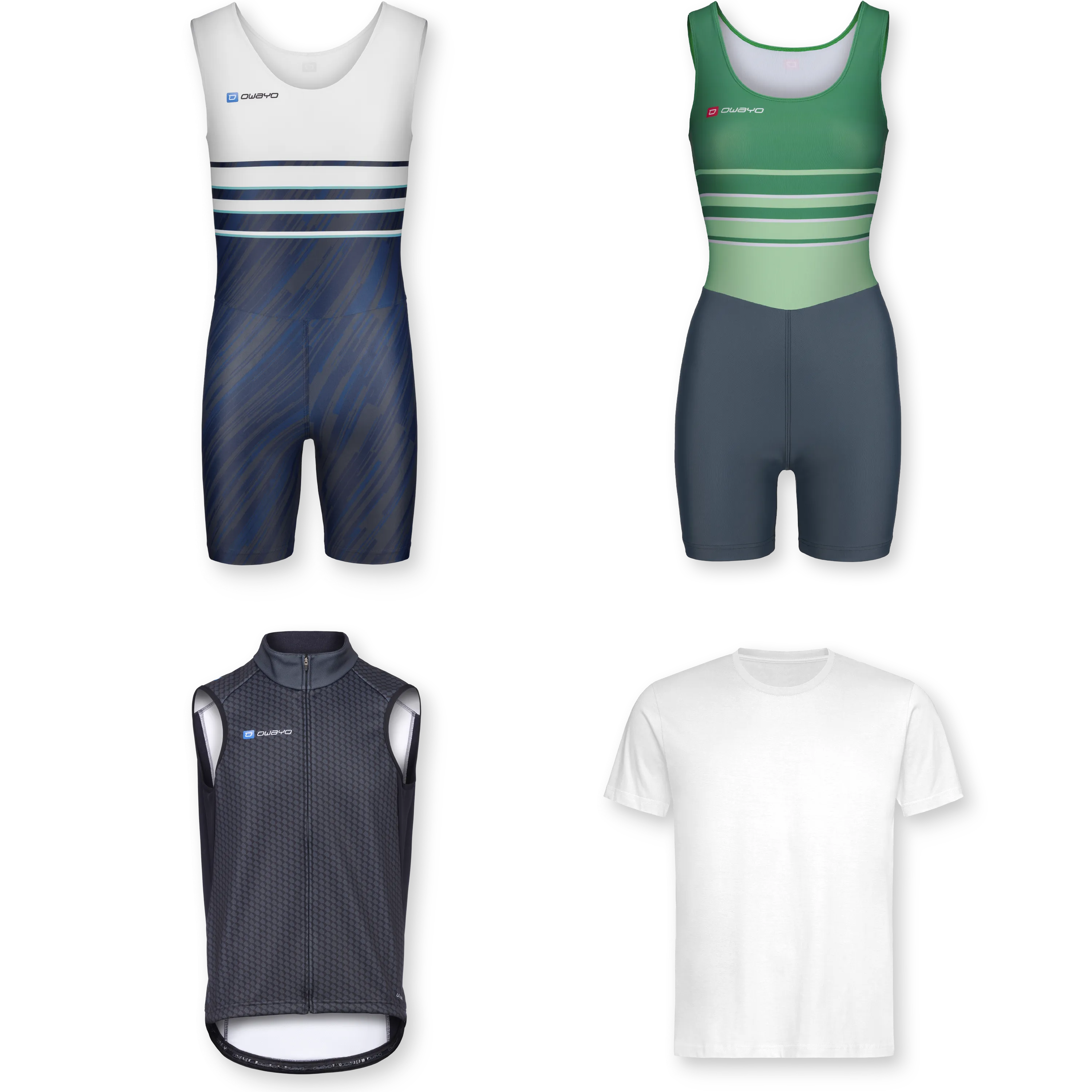 Différents vêtements de sport pour l'aviron, y compris des combinaisons et un T-shirt.